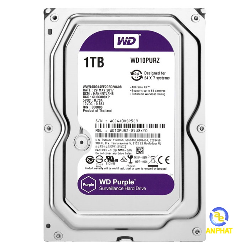 HDD Purple 1TB 3.5"" SATA 3/ 64MB Cache/ 5400RPM (Màu tím)